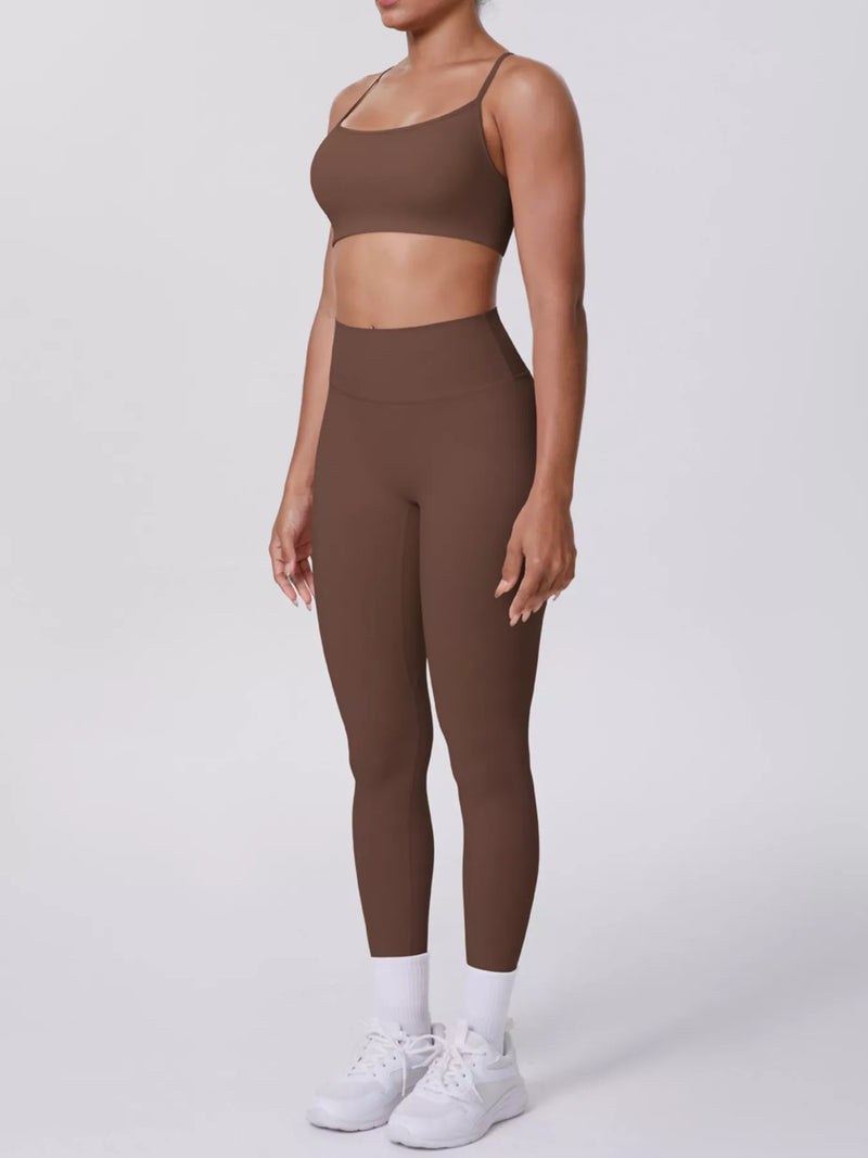 Criss Cross Back Activewear Set for Women with Seamless Leggings in Brown, front view