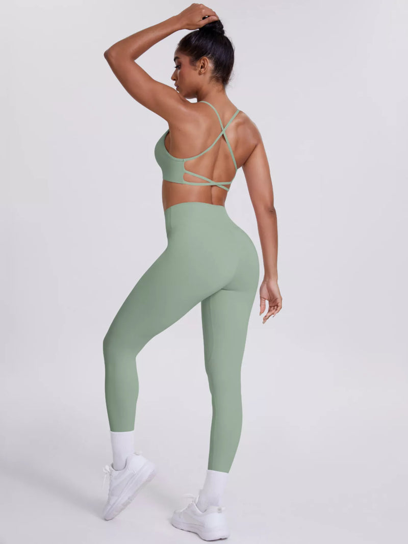 Criss Cross Back Activewear Set for Women with Seamless Leggings in Sage, back view
