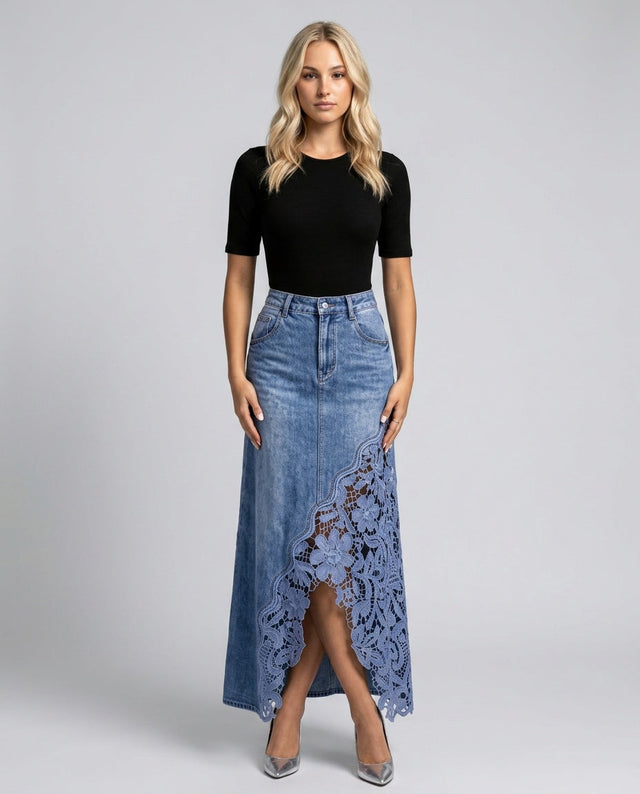 Crochet Lace Denim Maxi Skirt for Women with High Waist and A-Line Shape in Blue, front view