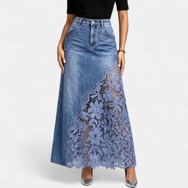 Crochet Lace Denim Maxi Skirt for Women with High Waist and A-Line Shape in Blue, lace panel close-up