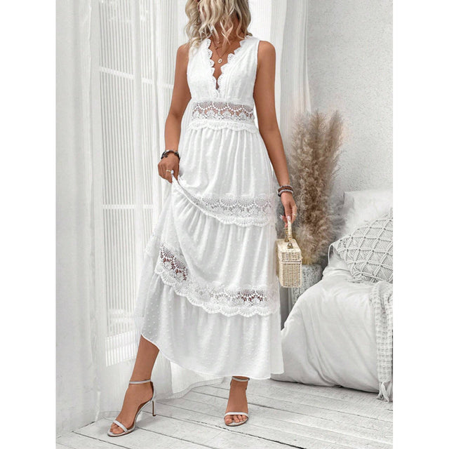 Crochet Lace Tiered Sundress for Women with V-Neck and Tie Back in White, front view