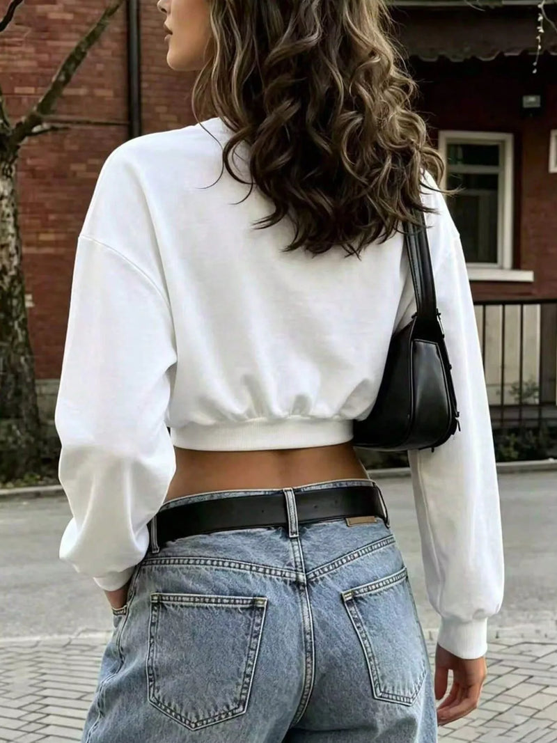 Crewneck Sweatshirt for Women with Cropped Fit and Wide Ribbed Hem in White, back view
