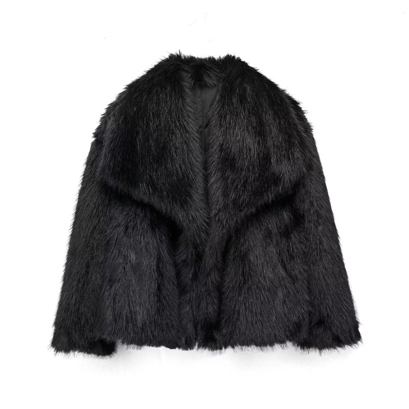 Faux Fur Jacket for Women with Cropped Cut and Oversized Lapel Collar in Black, front view 3