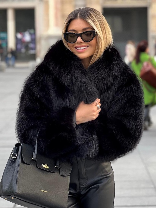 Faux Fur Jacket for Women with Cropped Cut and Oversized Lapel Collar in Black, street style view