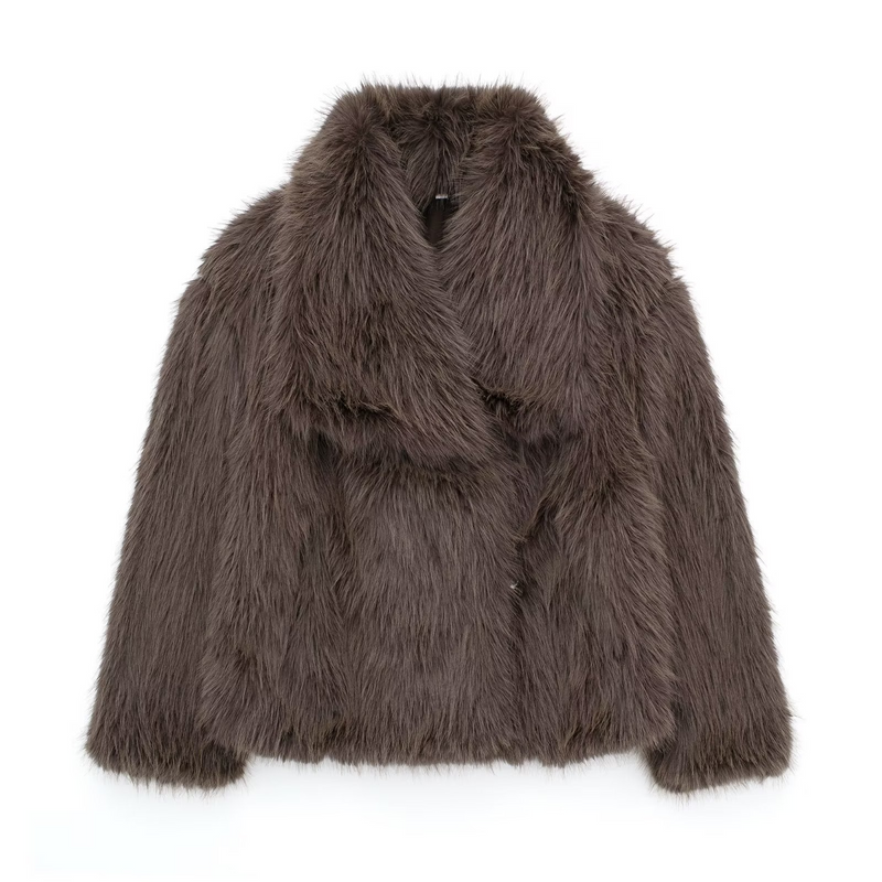 Faux Fur Jacket for Women with Cropped Cut and Oversized Lapel Collar in Brown, front view