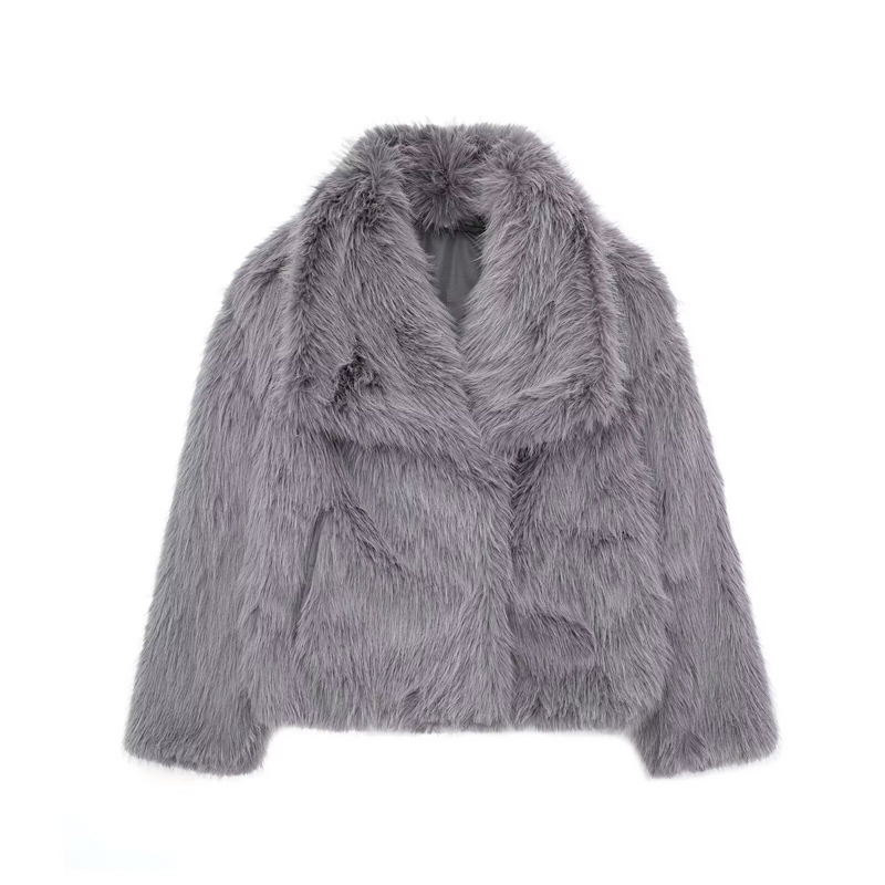 Faux Fur Jacket for Women with Cropped Cut and Oversized Lapel Collar in Gray, front view 3