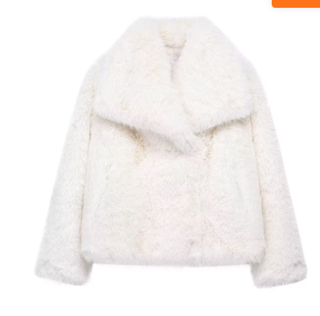 Faux Fur Jacket for Women with Cropped Cut and Oversized Lapel Collar in White, front view 5