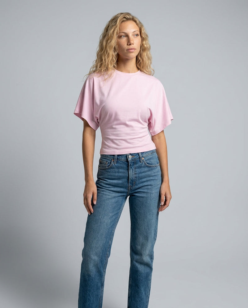 Cropped T Shirt for Women with Wide Short Sleeves and Ruched Front in Pink, full length view