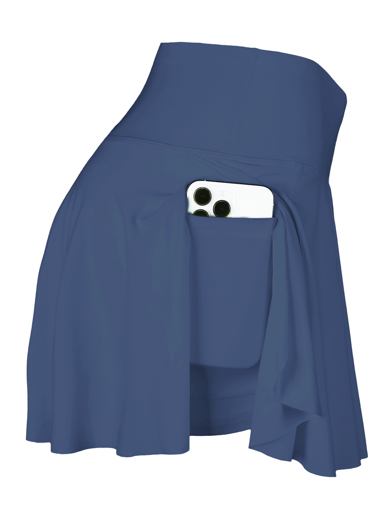 Crossover Waist Tennis Skirt for Women with Built-In Pocket Shorts in Navy Blue, flat lay 2