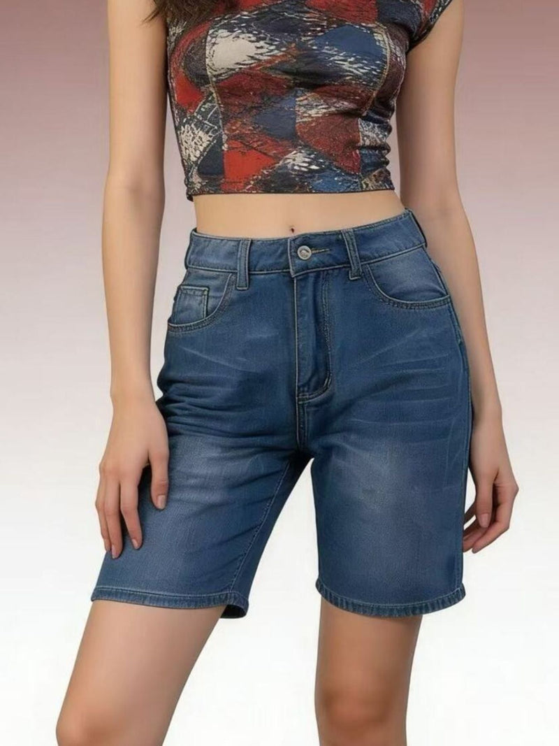 Denim Bermuda Shorts for Women with High Waist and Faded Wash in Blue, front view close
