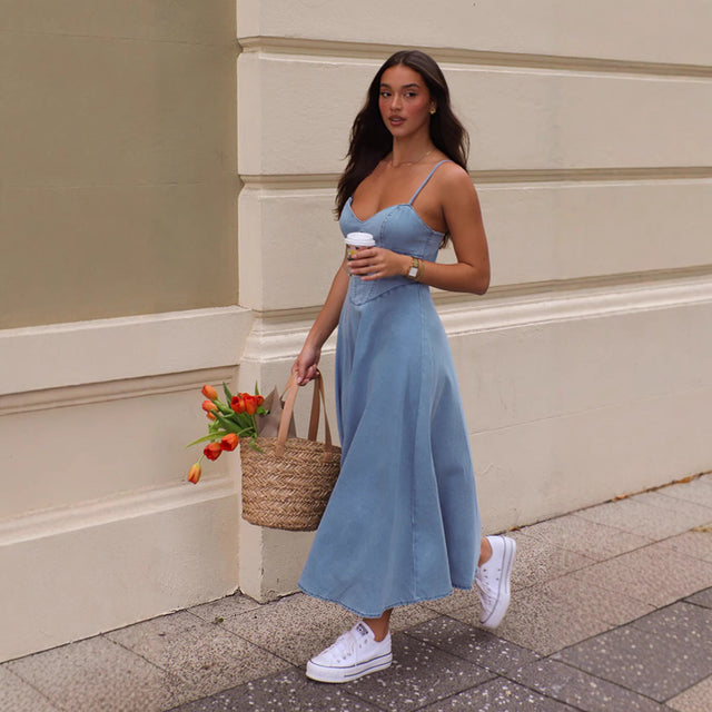 Denim Look Midi Sundress for Women with Corset Bodice and Smocked Back in Light Blue, front view