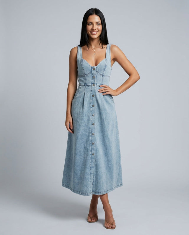 Denim Midi Sundress for Women with Sweetheart Neckline and Button Front in Light Blue, front view