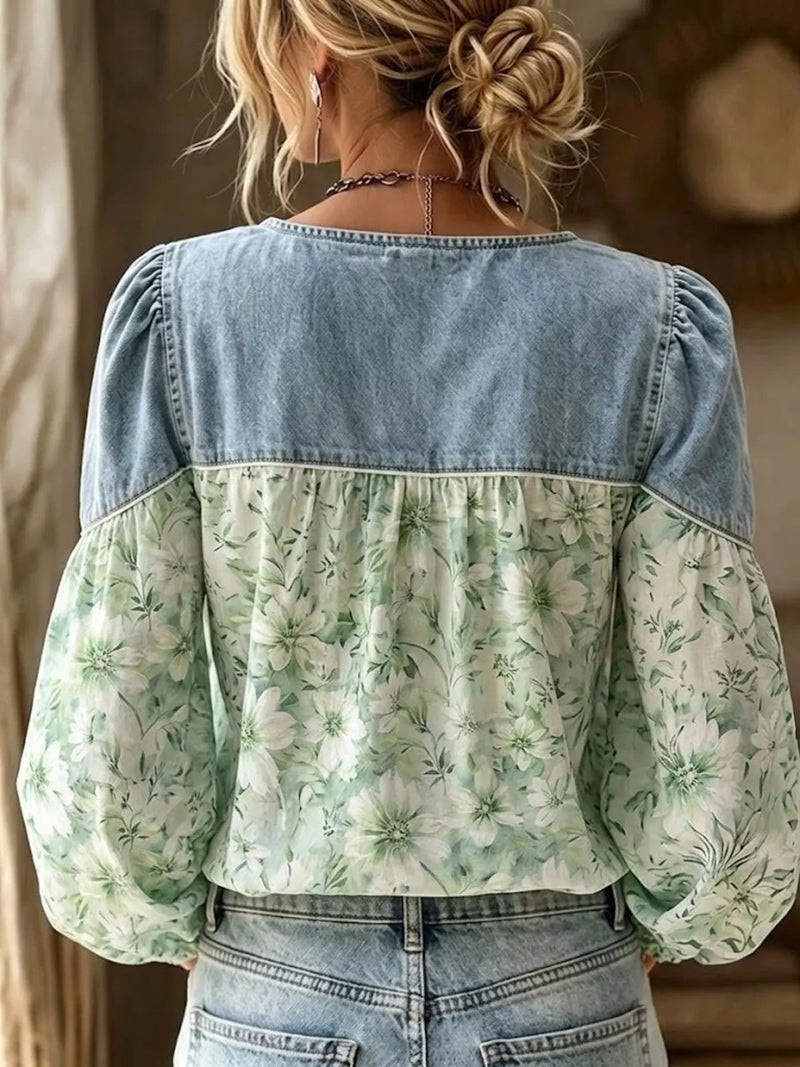 Long Sleeve Top for Women with Denim-Look Yoke and Floral Puff Sleeves in Green, back view