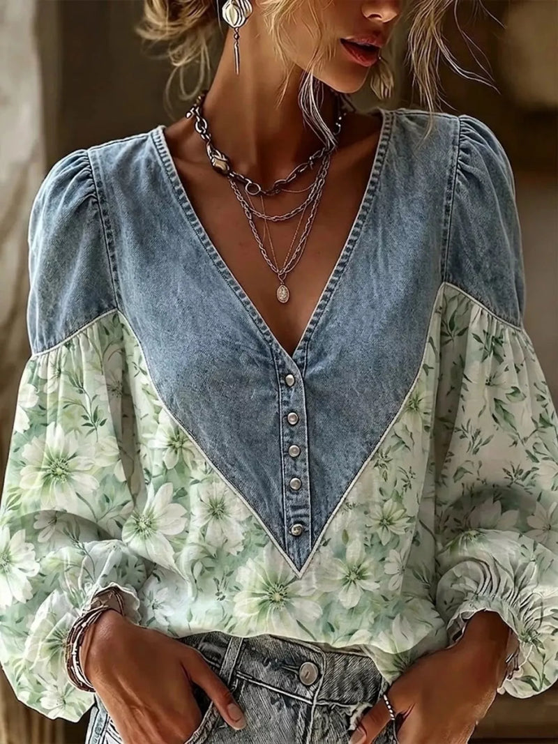Long Sleeve Top for Women with Denim-Look Yoke and Floral Puff Sleeves in Green, front view