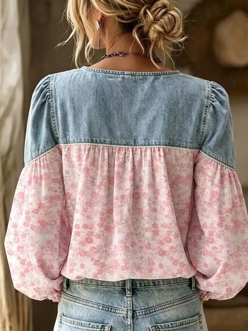 Long Sleeve Top for Women with Denim-Look Yoke and Floral Puff Sleeves in Pink, back view