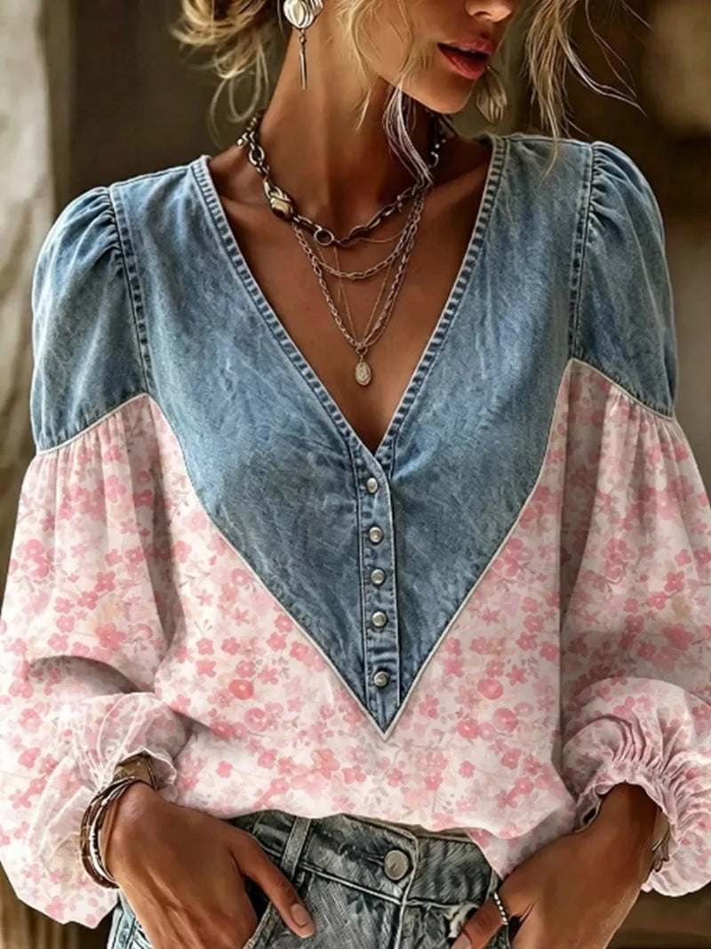 Long Sleeve Top for Women with Denim-Look Yoke and Floral Puff Sleeves in Pink, front view