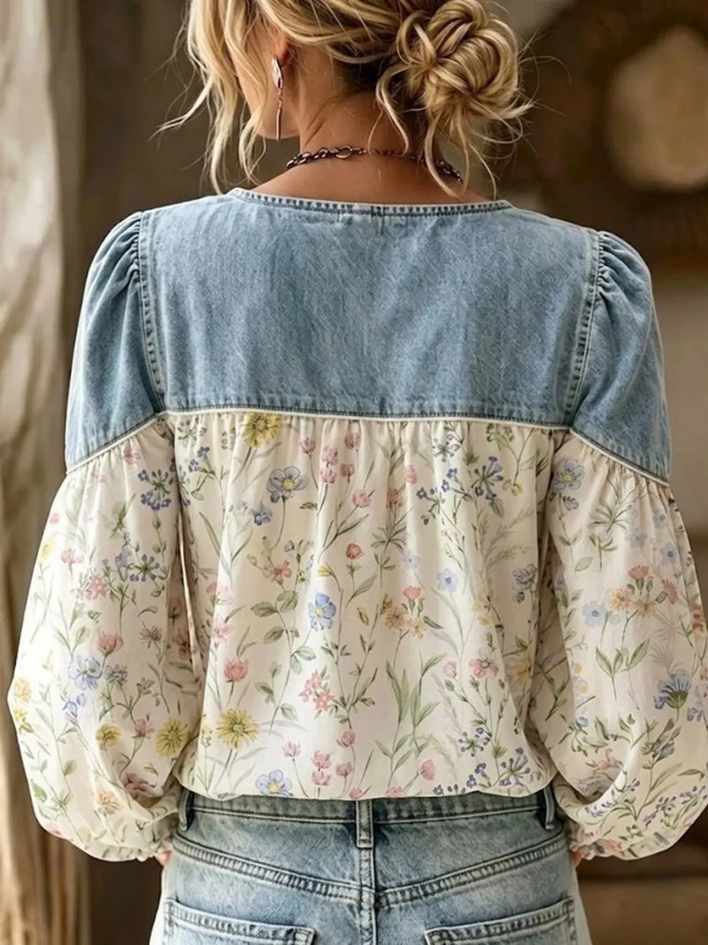 Long Sleeve Top for Women with Denim-Look Yoke and Floral Puff Sleeves in White, back view