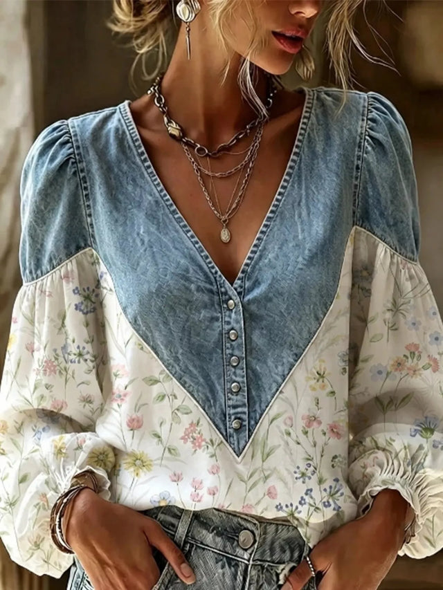 Long Sleeve Top for Women with Denim-Look Yoke and Floral Puff Sleeves in White, front view
