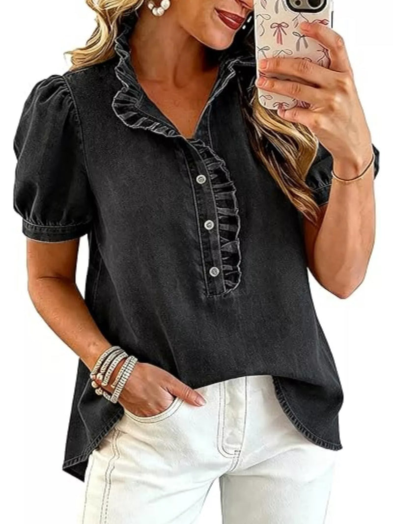 Denim Puff Sleeve Top for Women with Ruffle Collar and Button Placket in Black, styled view