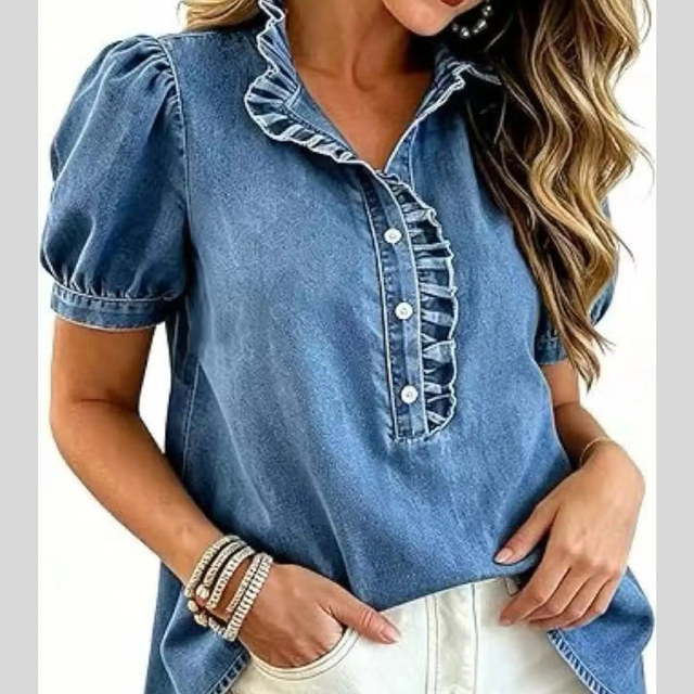 Denim Puff Sleeve Top for Women with Ruffle Collar and Button Placket in Medium Blue, front view