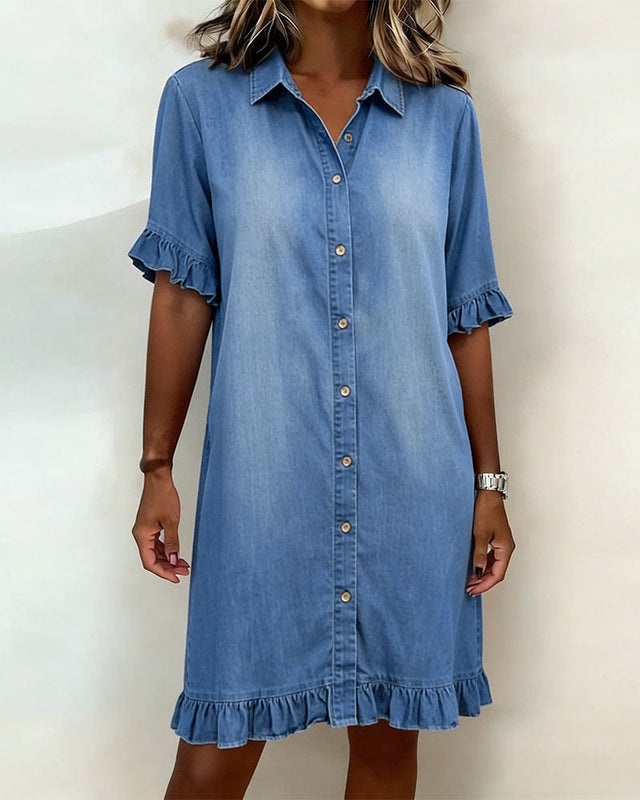 Denim Shirt Dress for Women with Ruffle Sleeves and Ruffle Hem in Blue, front view
