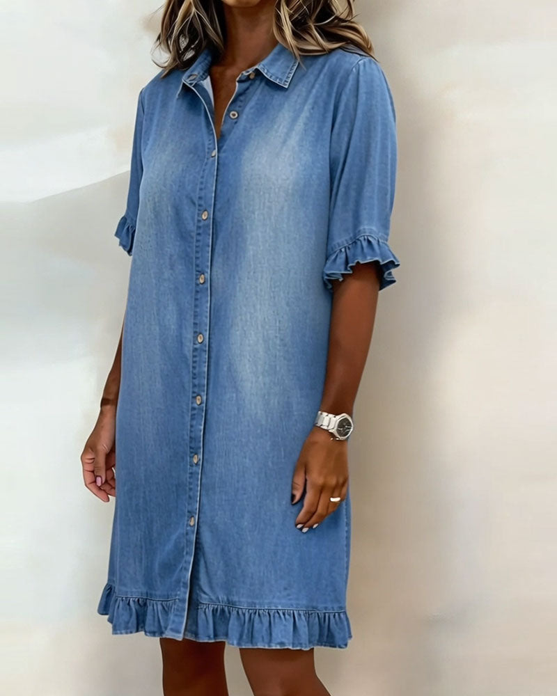 Denim Shirt Dress for Women with Ruffle Sleeves and Ruffle Hem in Blue, front view 3