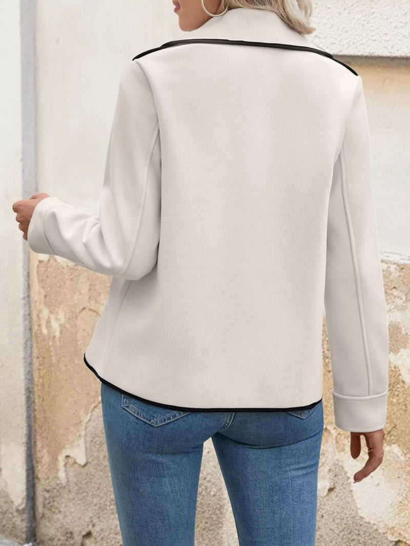 Double Breasted Jacket for Women with Contrast Piping and Wide Lapels in Beige, back view
