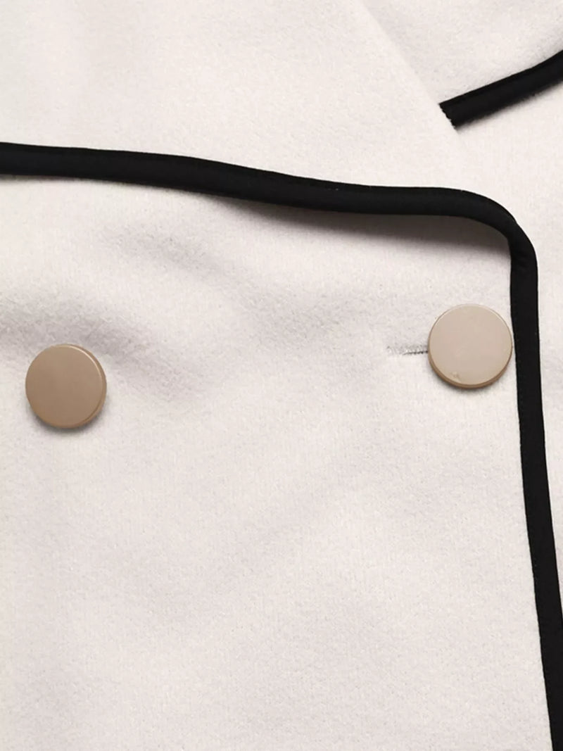 Double Breasted Jacket for Women with Contrast Piping and Wide Lapels in Beige, button detail