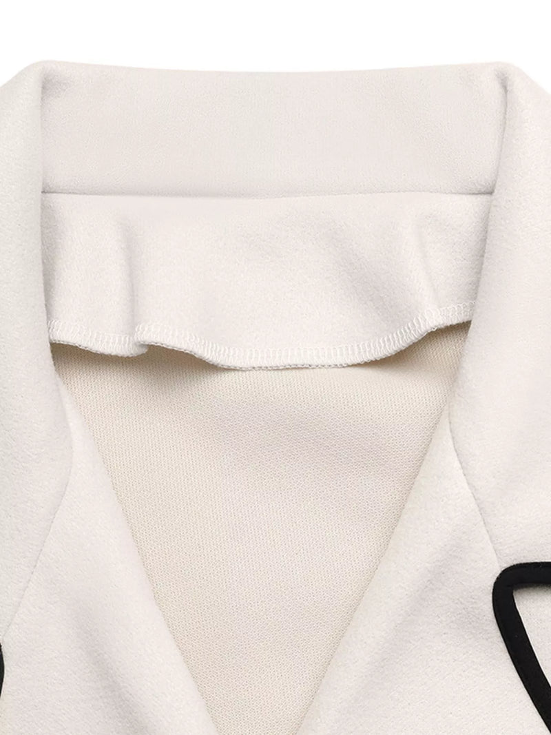 Double Breasted Jacket for Women with Contrast Piping and Wide Lapels in Beige, collar detail