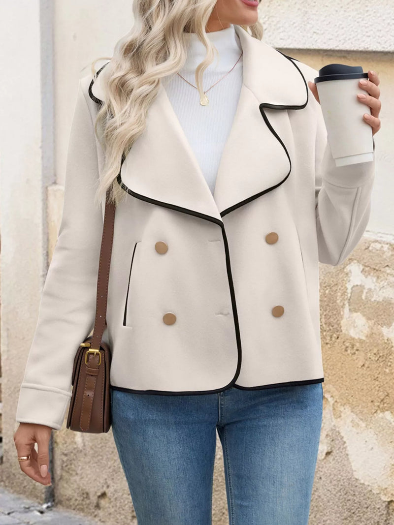 Double Breasted Jacket for Women with Contrast Piping and Wide Lapels in Beige, three-quarter view