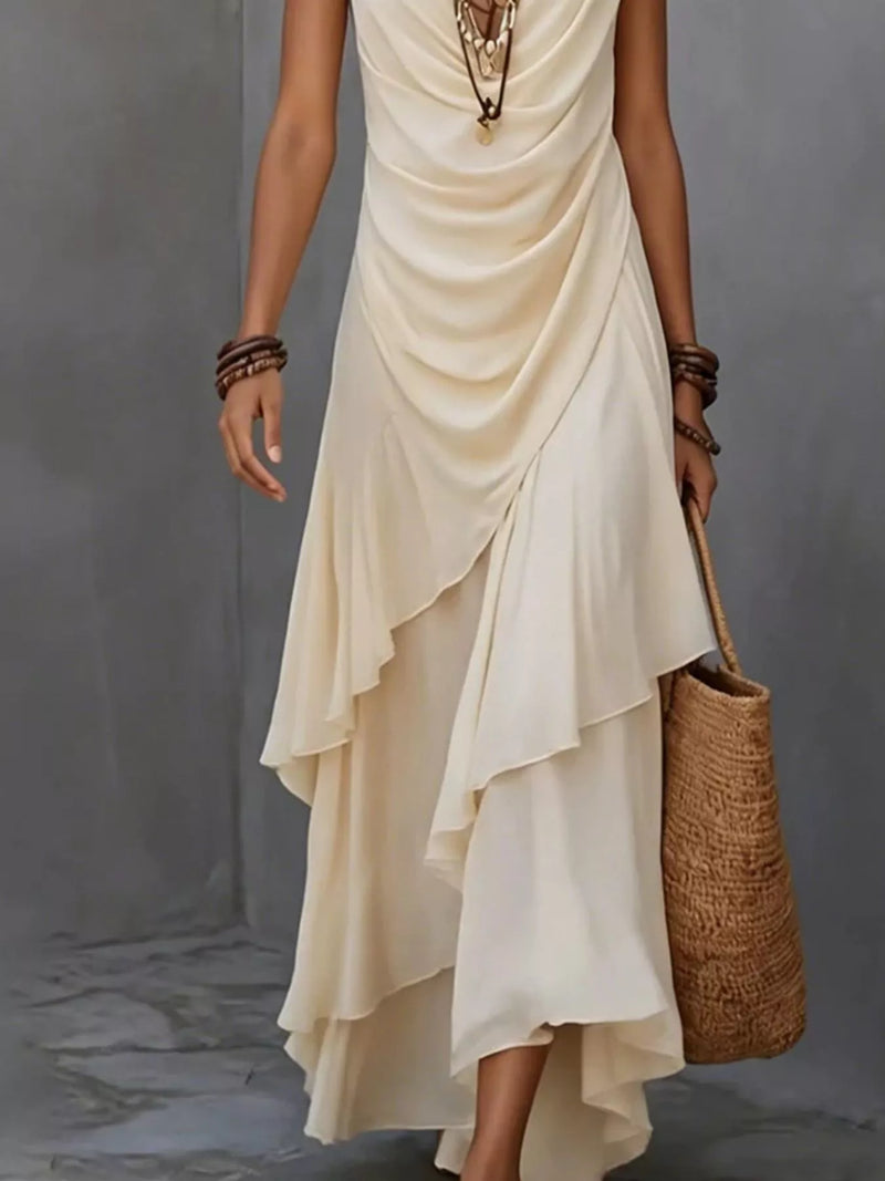 Ruffle Maxi Dress for Women with Draped V-Neck and Layered Hem in Beige, skirt detail