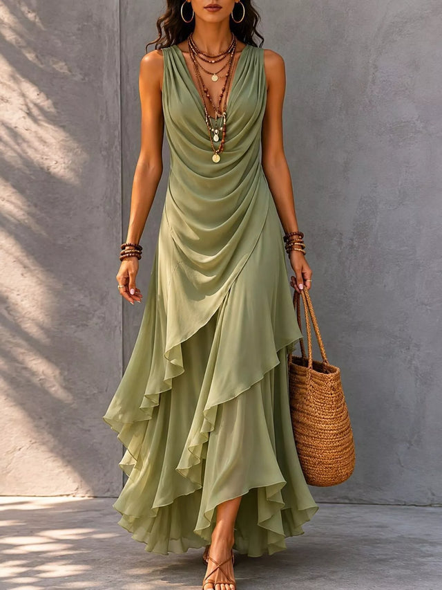 Ruffle Maxi Dress for Women with Draped V-Neck and Layered Hem in Sage Green, front view