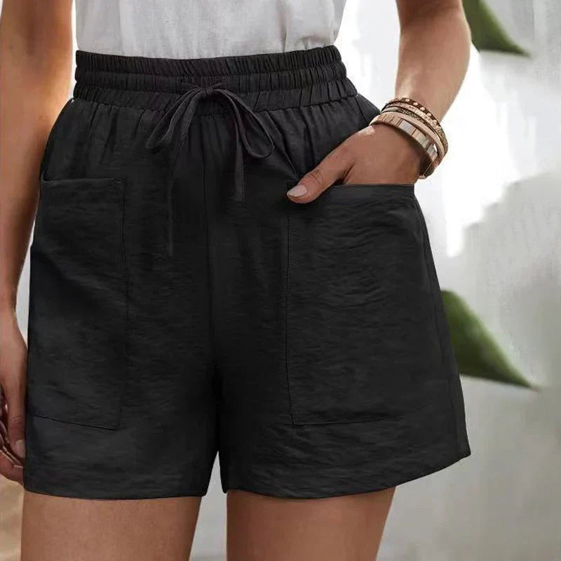 Drawstring Casual Shorts for Women with Elastic Waist and Patch Pockets in Black, front view
