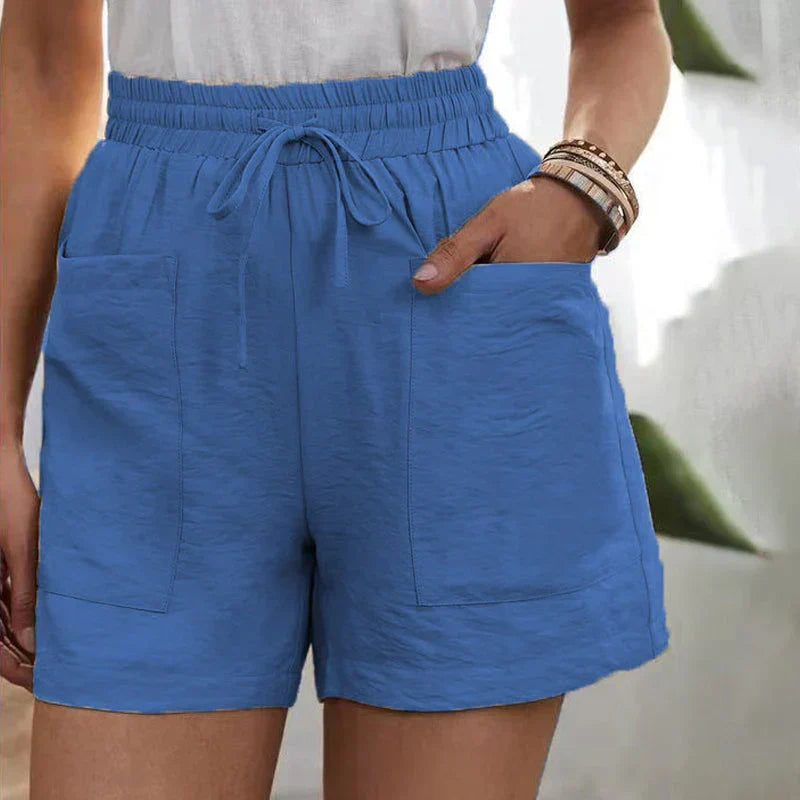 Drawstring Casual Shorts for Women with Elastic Waist and Patch Pockets in Blue, front view