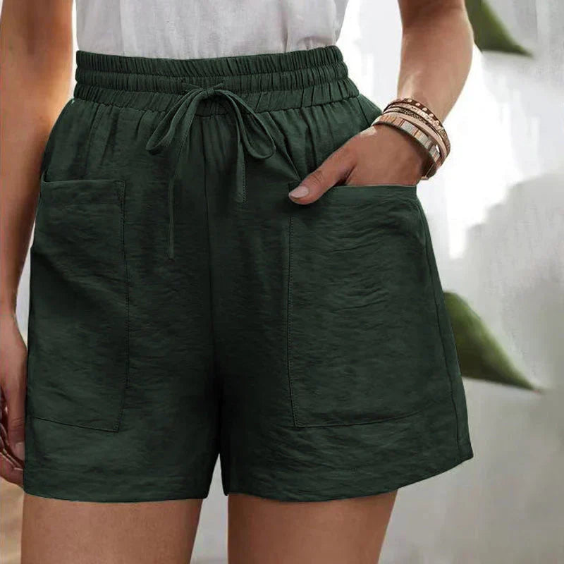 Drawstring Casual Shorts for Women with Elastic Waist and Patch Pockets in Dark Green, front view