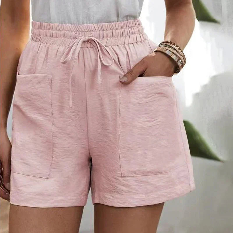 Drawstring Casual Shorts for Women with Elastic Waist and Patch Pockets in Light Pink, front view