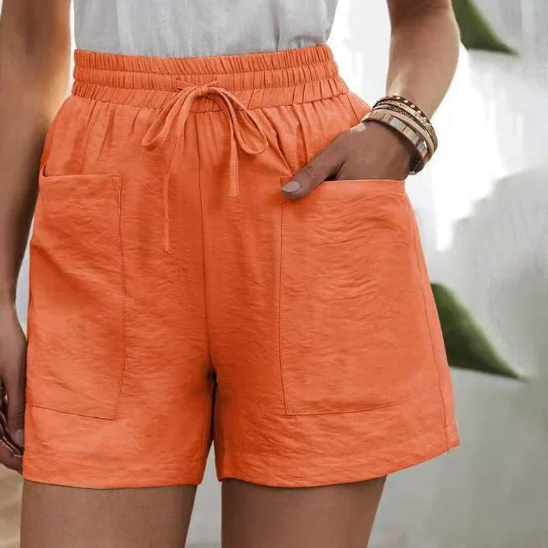 Drawstring Casual Shorts for Women with Elastic Waist and Patch Pockets in Orange, front view
