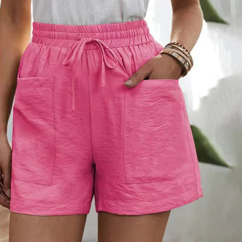 Drawstring Casual Shorts for Women with Elastic Waist and Patch Pockets in Pink, front view
