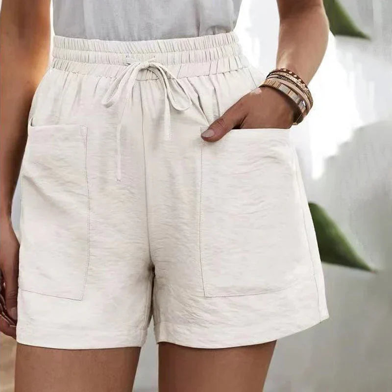 Drawstring Casual Shorts for Women with Elastic Waist and Patch Pockets in White, front view
