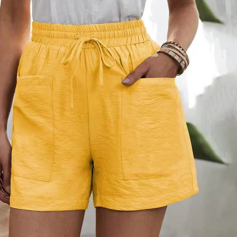 Drawstring Casual Shorts for Women with Elastic Waist and Patch Pockets in Yellow, front view