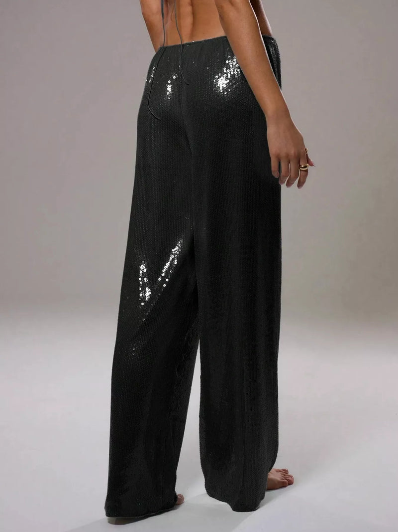 Drawstring Sequin Pants for Women with Relaxed Wide Leg in Black, back view