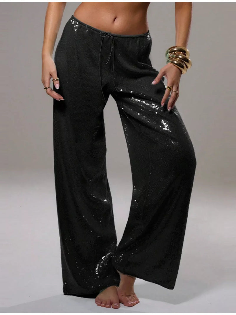 Drawstring Sequin Pants for Women with Relaxed Wide Leg in Black, front view
