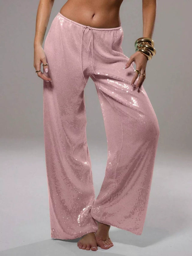 Drawstring Sequin Pants for Women with Relaxed Wide Leg in Dusty Pink, front view 2