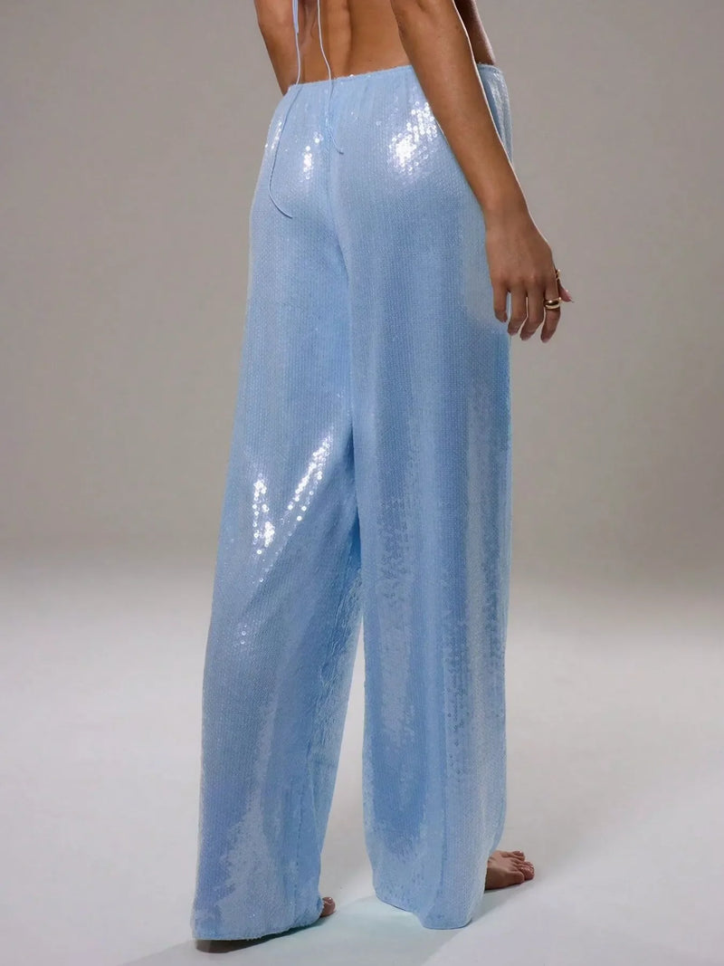 Drawstring Sequin Pants for Women with Relaxed Wide Leg in Light Blue, back view