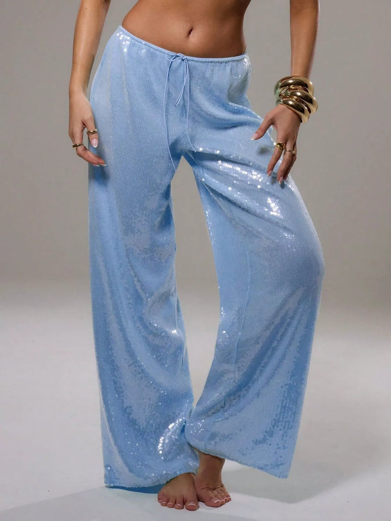 Drawstring Sequin Pants for Women with Relaxed Wide Leg in Light Blue, front view