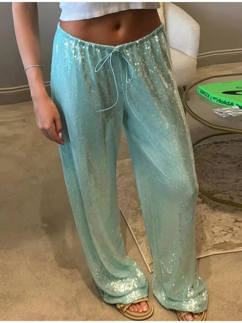 Drawstring Sequin Pants for Women with Relaxed Wide Leg in Mint, front view