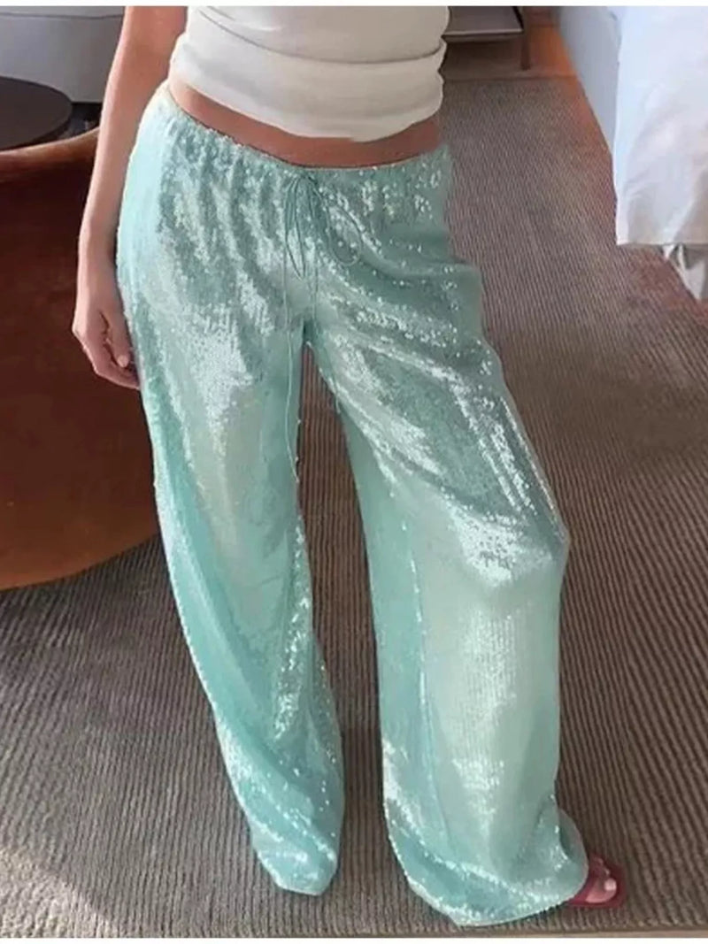Drawstring Sequin Pants for Women with Relaxed Wide Leg in Mint, styled view