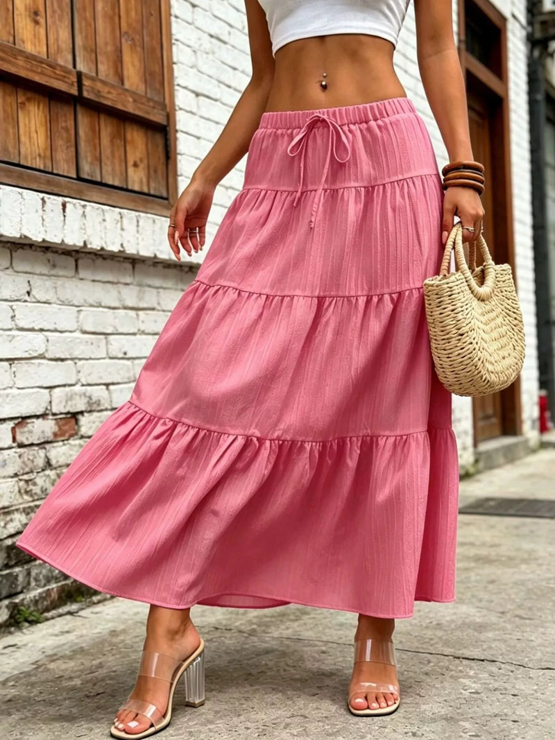Drawstring Tiered Maxi Skirt for Women with Textured Crinkle Fabric in Pink, front view