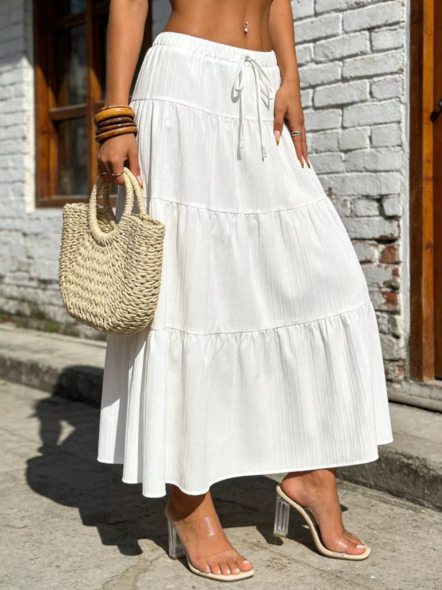 Drawstring Tiered Maxi Skirt for Women with Textured Crinkle Fabric in White, front view