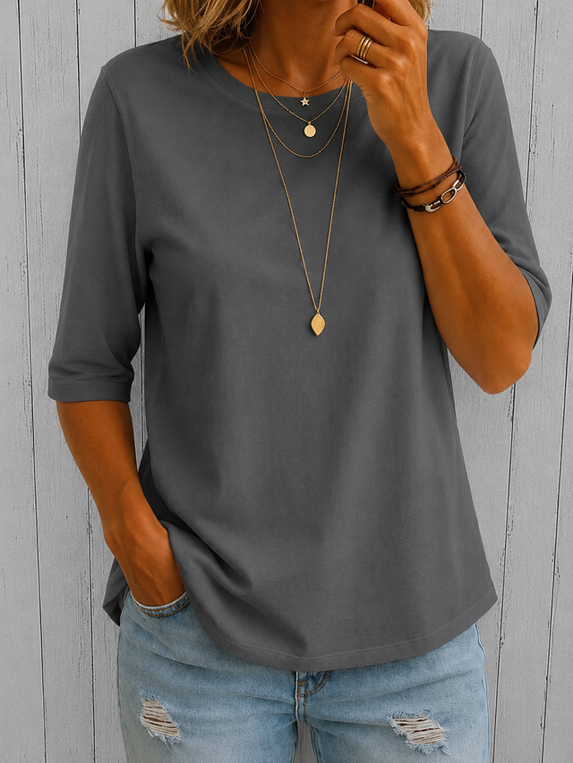 Elbow Sleeve T Shirt for Women with Crew Neck and Relaxed Fit in Grey, front view